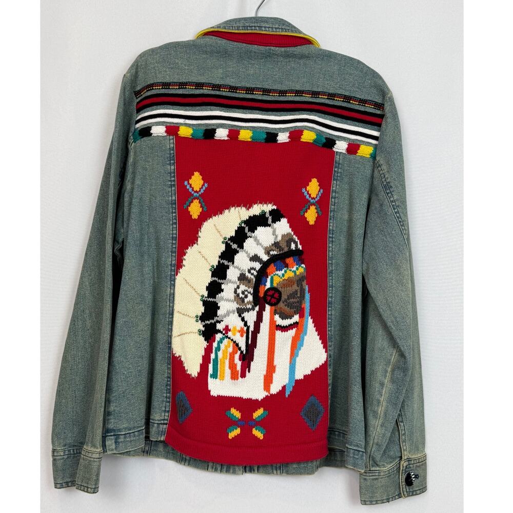 Vintage Berek Knit Back Denim Jacket XL Native American Chief Southwest Art